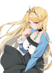 black_choker black_skirt blonde_hair blue_jacket breasts chest_jewel choker commentary cowboy_shot earrings female hehe_jun highres jacket jewelry large_breasts mythra_(xenoblade) shirt simple_background skirt solo tiara white_background white_shirt xenoblade_chronicles_(series) xenoblade_chronicles_2 yellow_eyes 