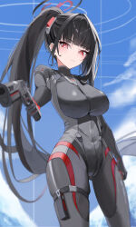  absurdres aiming aiming_at_viewer black_bodysuit black_hair black_halo blue_archive blue_sky blunt_bangs blurry blush bodysuit breasts bright_pupils buckle closed_mouth commentary covered_navel day depth_of_field female finger_on_trigger floating_hair gang_ryeol gun hair_intakes halo handgun head_tilt headgear highres holding holding_gun holding_weapon holster large_breasts long_hair looking_at_viewer m1911 millennium_science_school_logo multicolored_bodysuit multicolored_halo official_alternate_costume ponytail red_eyes ringed_eyes rio_(armed)_(blue_archive) rio_(blue_archive) sidelocks sky snap-fit_buckle solo standing strap thigh_holster thigh_strap thighs two-tone_bodysuit two-tone_halo very_long_hair weapon white_pupils 