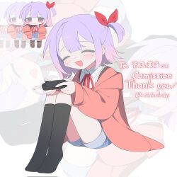  ^_^ black_socks closed_eyes commentary commission controller female full_body game_controller highres holding holding_controller holding_game_controller jacket kneehighs long_sleeves multiple_views neck_ribbon one_side_up open_clothes open_jacket open_mouth original purple_hair red_ribbon ribbon sakakiai short_shorts shorts sitting skeb_commission smile socks 