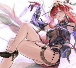  bare_shoulders black_dress black_hairband blush breasts chains chinese_hairpin cleavage_cutout clothing_cutout commentary_request crossed_legs detached_sleeves dress earrings elbow_gloves elf facial_mark female fingernails gloves hairband haluuu0725 hand_up high_heels high_ponytail jewelry large_breasts light_smile lightning long_fingernails long_hair long_pointy_ears looking_at_viewer multiple_rings personal_terminal pointy_ears ponytail red_hair ring side_slit smug solo string tacet_mark_(wuthering_waves) thick_thighs thighs very_long_hair wuthering_waves yinlin_(wuthering_waves) 