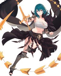  absurdres alternate_costume armor armored_legwear armpits bare_arms belt blue_eyes blue_hair breasts cape chest_sarashi cleavage closed_mouth collarbone commentary cosplay english_commentary female female_byleth_(fire_emblem) fire_emblem fire_emblem:_three_houses full_body hair_between_eyes highres holding holding_sword holding_weapon large_breasts leotard long_hair looking_at_viewer midriff navel nemesis_(fire_emblem) nemesis_(fire_emblem)_(cosplay) sandals sarashi simple_background skindentation skirt smile solo stomach sword sword_of_the_creator thighs truejekart weapon white_background 