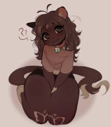  2026 :3 absurd_res ambiguous_gender anthro bell bell_collar blush brown_hair chewtoyys clothed clothed_ambiguous clothed_anthro clothing collar domestic_cat eyelashes felid feline felis hair hi_res inner_ear_fluff kneeling looking_at_viewer lucky_(chewtoyys) mammal navel nonbinary_(lore) question_mark simple_background smile tail thick_thighs tuft 