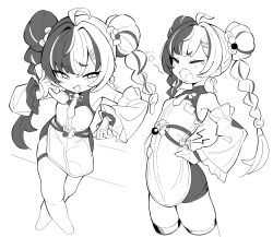  absurdres ahoge bare_shoulders braid braided_twintails closed_eyes detached_sleeves dialyn_(zenless_zone_zero) dress female greyscale hair_ornament hairclip hands_on_own_hips highres holding holding_phone ketsu_juuji_killer_(kejuki) long_hair looking_at_viewer mesugaki monochrome multicolored_hair multiple_views open_mouth parallel_hairclips parted_bangs phone smile split-color_hair squeans white_background yawning zenless_zone_zero 