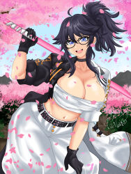  absurdres black_coat black_gloves black_hair blue_eyes cherry_blossoms chest_sarashi coat commentary english_commentary female glasses gloves high_ponytail highres holding holding_sword holding_weapon indie_virtual_youtuber kson long_hair mole mole_under_eye multicolored_coat no_shirt open_clothes open_coat pants petals pink_petals ponytail sarashi signature solo souchou sword tongue tongue_out valneeko virtual_youtuber weapon white_coat white_pants wooden_sword 