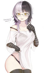  absurdres arm_warmers black_arm_warmers black_bra black_hair black_nails black_pantyhose black_thighhighs blunt_bangs bra breasts clothes_lift commentary cowboy_shot english_commentary english_text female grey_hair hand_up highres hololive hololive_english large_breasts long_hair long_shirt looking_at_viewer migokami multicolored_hair nail_polish off-shoulder_shirt off_shoulder pantyhose see-through_cleavage see-through_clothes see-through_shirt shiori_novella shirt shirt_lift sidelocks simple_background solo split-color_hair thighhighs three-quarter_sleeves two-tone_hair underwear virtual_youtuber white_background white_shirt yellow_eyes 