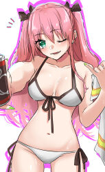  absurdres aikawa_megumi aya_(0707) breasts can commentary_request female green_eyes hair_ornament heaven_burns_red highres holding holding_can large_breasts nail_polish one_eye_closed pink_hair swimsuit 