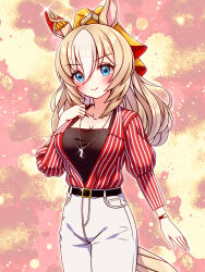  animal_ears belt black_belt black_shirt blonde_hair blue_eyes blush breasts casual cleavage closed_mouth collarbone commentary_request durandal_(casual)_(umamusume) durandal_(umamusume) ear_covers female hair_between_eyes highres horse_ears horse_girl horse_tail jewelry large_breasts long_hair looking_at_viewer multicolored_hair necklace pants red_shirt shirt single_ear_cover smile solo striped_clothes striped_shirt sugimotty_nova tail umamusume vertical-striped_clothes vertical-striped_shirt watch white_hair white_pants wristwatch 