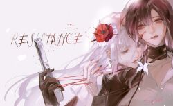  2girls biting black_nails cat's_cradle coquelic_(path_to_nowhere) floating_hair flower gun hair_flower hair_ornament hand_up hashtag-only_commentary highres holding holding_gun holding_weapon multiple_girls path_to_nowhere portrait red_eyes shalom_(path_to_nowhere) supaii16 weapon white_hair yuri 