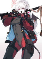  absurdres alternate_costume black_jacket black_wings blue_archive bodysuit braid breasts check_weapon commentary_request covered_groin covered_navel female finger_to_mouth gloves grey_bodysuit gun h&amp;k_psg1 hair_between_eyes halo haruna_(blue_archive) heart highres holding holding_gun holding_weapon jacket large_breasts long_hair long_sleeves looking_at_viewer multicolored_bodysuit multicolored_jacket open_clothes open_jacket over_shoulder parted_lips pink_halo ponytail pouch red_eyes red_gloves rifle scope shushing simple_background single_braid smile sniper_rifle solo spoken_heart sunnysideup thigh_pouch thighs two-sided_fabric two-sided_gloves two-sided_jacket two-tone_bodysuit two-tone_jacket very_long_hair weapon weapon_over_shoulder weapon_request white_background white_hair wings 