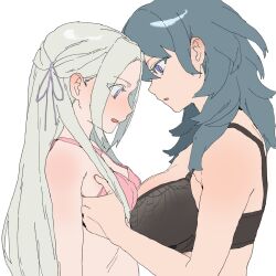 2girls absurdres aziemblemfates black_bra blue_eyes blue_hair blush bra breasts edelgard_von_hresvelg female_byleth_(fire_emblem) fire_emblem fire_emblem:_three_houses grabbing_another's_breast groping highres large_breasts looking_at_another multiple_girls partially_undressed pink_bra purple_eyes small_breasts underwear white_hair yuri 