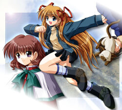  1boy 2girls aizawa_yuuichi amano_mishio animal black_boots black_skirt blue_jacket blue_shirt blush boots bow bowtie brown_hair brown_sweater capelet closed_mouth colorpoint_(pattern) commentary f20_(funimaru) feline green_bow green_bowtie hair_ribbon high_collar jacket jumping kanon long_hair long_sleeves looking_at_viewer miniskirt multiple_girls open_clothes open_jacket open_mouth pink_eyes piro red_hair red_jacket red_ribbon ribbon sawatari_makoto school_uniform shirt short_hair siamese_cat skirt sleeves_past_wrists smile socks striped_clothes striped_socks sweater turtleneck turtleneck_sweater two_side_up very_long_hair white_capelet white_socks 