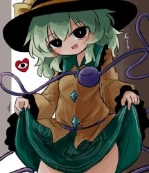  black_hat blush buttons commentary_request contrast_collar diamond_button female green_hair green_skirt hair_between_eyes hat hat_ribbon heart heripantomorrow komeiji_koishi looking_at_viewer medium_hair open_mouth ribbon shirt skirt solo third_eye touhou translation_request yellow_ribbon yellow_shirt 