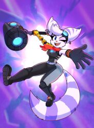  2026 absurd_res anthro belt blue_eyes boots breasts clothing cybernetic_arm cybernetic_limb ear_piercing ear_ring eyebrows eyelashes eyewear eyewear_on_head female footwear fur gloves goggles goggles_on_head hammer handwear head_tuft hi_res lombax mammal markings one_eye_closed piercing ratchet_and_clank red_scarf ring_(marking) ring_piercing ringed_tail rivet_(ratchet_and_clank) roboticsteve scarf shoes solo sony_corporation sony_interactive_entertainment striped_body striped_fur striped_markings striped_tail stripes tail tail_markings teeth tools tuft white_body white_fur wink 