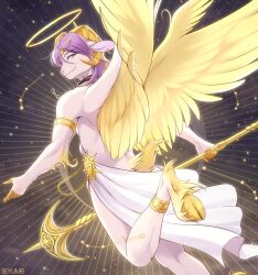  2026 anthro biped bovid caprine clothed clothed_anthro clothed_male clothing cloven_hooves digital_drawing_(artwork) digital_media_(artwork) feathers fingers fur goat hair hooves horn looking_at_viewer male mammal rear_view seyumei sky_(seyumei) smile solo tail wings 