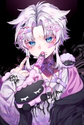  1boy absurdres aegyo_sal anger_vein_hair_ornament animal_ears bandaid bandaid_on_cheek bandaid_on_face black_background black_jacket blue_eyes candy candy_wrapper choker colored_eyelashes commentary_request curtained_hair eita_789 food food_in_mouth fumi_(eita_789) hair_ornament hairclip highres jacket long_sleeves looking_at_viewer male_focus middle_finger mouth_hold nail_polish neck_tattoo o-ring o-ring_choker original pale_skin parted_bangs sheep short_hair_with_long_locks solo studded_choker stuffed_animal stuffed_sheep stuffed_toy tattoo twitter_username two-sided_fabric two-sided_jacket upper_body white_hair 