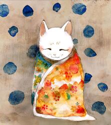  2012 abstract_background ambiguous_anthro ambiguous_gender anthro closed_eyes domestic_cat felid feline felis floral_print front_view fur hakugin mammal mouth_closed painting_(artwork) pink_inner_ear simple_background solo textured_background watercolor_(artwork) whisker_spots white_body white_fur 