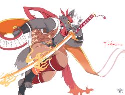  2025 anthro canid canine canis clothed clothed_anthro clothed_male clothing domestic_dog hair hi_res holding_object katana lifewonders m71385400824 male mammal melee_weapon ninja red_eyes scarf simple_background solo sword tadatomo_(tas) tail tokyo_afterschool_summoners warrior weapon white_background white_hair yellow_sclera 