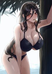  absurdres arm_between_legs arm_up armpit_crease bare_shoulders bikini black_bikini black_hair blush breasts brown_hair cleavage collarbone commentary_request day eyes_visible_through_hair female grey_hair hair_between_eyes hair_ornament hair_over_one_eye hashtag-only_commentary highres huge_breasts large_breasts long_hair long_sidelocks looking_at_viewer mouth_hold multicolored_hair navel nekotokage nijisanji ocean open_mouth orange_eyes outdoors shirayuki_tomoe sidelocks solo swimsuit very_long_hair virtual_youtuber water_drop wet wet_hair 