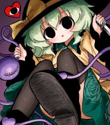  black_eyes black_hat black_shoes black_thighhighs commentary_request contrast_collar female green_hair green_skirt hair_between_eyes hat hat_ribbon heripantomorrow komeiji_koishi looking_at_viewer medium_hair parted_lips ribbon shirt shoes skirt solo thighhighs thighs third_eye touhou yellow_ribbon yellow_shirt 