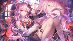  2girls absurdres asymmetrical_dress black_dress black_flower black_gloves closed_eyes danli_suri dress dual_persona earrings evernight_(honkai:_star_rail) evey_(honkai:_star_rail) feet_out_of_frame floating_hair flower gloves hair_between_eyes hair_flower hair_ornament hand_up highres honkai:_star_rail honkai_(series) jewelry knees_up long_hair long_sleeves looking_at_viewer low_twintails march_7th_(honkai:_star_rail) march_7th_(preservation)_(honkai:_star_rail) medium_hair multiple_girls parted_lips pink_hair red_eyes single_bare_shoulder single_earring sitting smile solo_focus twintails very_long_hair 