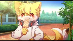  2021 anthro big_eyes biped canid canine clothing electronics food fox fur headgear headphones headset hlg7777 hoodie kemono male mammal orange_eyes popsicle slim_anthro slim_male solo topwear white_body white_clothing white_fur white_hoodie white_topwear yellow_body yellow_fur 