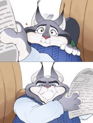  age_difference anthro black_ear_tips canada_lynx cheek_tuft clothing dipstick_ears disney duo ear_markings facial_hair facial_tuft father_(lore) father_and_child_(lore) father_and_son_(lore) felid feline fur green_clothing green_sweater green_topwear grey_body grey_fur hi_res lynx male male/male mammal mature_anthro mature_male milton_lynxley moustache multicolored_ears newspaper older_anthro older_male parent_(lore) parent_and_child_(lore) parent_and_son_(lore) pawbert_lynxley pink_nose rinerr_r son_(lore) sweater topwear tuft vest whiskers younger_anthro younger_male zootopia 