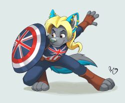  action_pose anthro artist_logo blonde_hair blue_bottomwear blue_clothing blue_pants blue_tail blue_topwear bottomwear canid canine captain_britain clothed clothing ear_piercing ear_ring female female_anthro fur glistening glistening_eyes grey_body grey_fur grey_tail hair holding_object holding_shield logo long_hair mammal marvel mouth_closed orange_eyes pandapaco pants piercing pose ring_piercing shield signature simple_background solo standing tail topwear union_jack what_if...? white_background 