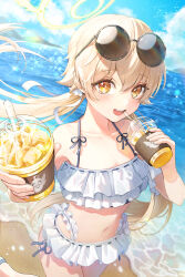  :d bare_shoulders beach bikini blonde_hair blue_archive blue_sky blush cloud collarbone commentary_request cup day disposable_cup drink drinking_straw eyelashes eyewear_on_head female floating_hair frills hair_between_eyes hair_ornament hair_ribbon halo halterneck hands_up hifumi_(blue_archive) hifumi_(swimsuit)_(blue_archive) highres holding holding_cup ice ice_cube light_particles long_hair looking_at_viewer low_twintails mountain mountainous_horizon navel ocean official_alternate_costume open_mouth outdoors peroro_(blue_archive) plus1024 ribbon round_eyewear ruffle_bikini sand side-tie_bikini_bottom sidelocks sky smile solo sparkle standing stomach sunglasses swimsuit teeth twintails upper_teeth_only water white_bikini white_ribbon yellow_eyes 