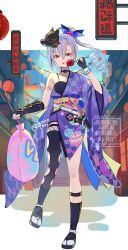  artist_name asymmetrical_legwear black_choker black_mask breasts candy_apple check_commentary checkered_clothes checkered_kimono choker commentary_request drill_hair drill_ponytail female fingerless_gloves food fox_mask gloves green_eyes grey_hair hadanugi_dousa hair_between_eyes hair_ribbon hanging_lantern highres honkai:_star_rail honkai_(series) ikenotori japanese_clothes kimono lantern long_hair looking_at_viewer mask mask_on_head paper_lantern print_kimono purple_kimono ribbon sandals sheath sheathed signature silver_wolf_(honkai:_star_rail) single_thighhigh small_breasts socks solo thighhighs tongue tongue_out translation_request uneven_legwear white_socks zouri 