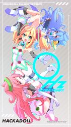  1boy 2girls :d ahoge arched_back arm_up artist_name ass backless_dress backless_outfit bare_shoulders bike_shorts bike_shorts_under_skirt black_gloves black_tank_top black_thighhighs blonde_hair blue_eyes blue_hair boots breasts bright_pupils brooch cleavage closed_mouth color-coded colored_shoe_soles commentary_request cone_hair_bun copyright_name detached_collar diagonal-striped_background double-parted_bangs double_bun dress elbow_gloves floating from_above from_behind full_body gloves green_eyes hacka_doll hacka_doll_1 hacka_doll_2 hacka_doll_3 hair_bun hair_horns handheld_game_console headgear high_heel_boots high_heels highres hiva+ holding holding_handheld_game_console index_finger_raised jewelry large_breasts layered_gloves leotard leotard_under_clothes long_hair long_sidelocks looking_at_viewer medium_breasts microdress milestone_celebration multiple_girls nintendo_switch off-shoulder_dress off_shoulder open_mouth outstretched_arm parted_bangs pink_eyes pink_hair short_dress side_up_bun sidelocks skindentation smile strapless strapless_dress striped_background tank_top thigh_boots thighhighs thighhighs_under_boots trap twintails v-shaped_eyebrows very_long_hair white_boots white_dress white_gloves white_leotard white_pupils wing_collar wrist_cuffs 