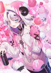  1boy absurdres aegyo_sal black_choker black_pants blue_eyes can choker colored_eyelashes commentary_request cowboy_shot curled_horns curtained_hair drawstring drink_can earrings eita_789 finger_piercing fumi_(eita_789) goat_horns hair_ornament hairclip highres holding holding_can hood hood_up hoodie horns jewelry long_sleeves looking_at_viewer male_focus mini_wings nail_polish necklace open_mouth original pants pink_hoodie pink_theme print_hoodie ring short_hair_with_long_locks solo splatter_print studded_choker two-tone_hoodie white_hair white_hoodie wings x_hair_ornament 