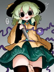  black_eyes black_hat brown_thighhighs commentary_request contrast_collar cowboy_shot female grabbing_another's_thighs green_hair hair_between_eyes hat hat_ribbon heripantomorrow holding holding_knife knife komeiji_koishi looking_at_viewer medium_hair ribbon shirt solo_focus speech_bubble standing sweatdrop thighhighs third_eye touhou translation_request yellow_ribbon yellow_shirt 