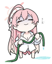  ahoge barefoot blue_archive bow braid breasts chibi cleavage closed_eyes closed_mouth collared_shirt commentary_request dress_shirt facing_viewer female full_body hair_between_eyes hairbow halo hanako_(blue_archive) hanako_(swimsuit)_(blue_archive) holding hose long_hair long_sleeves lowres nyaru_(nyaru_4126) pink_hair puddle shirt simple_background solo standing translation_request turn_pale very_long_hair water water_drop white_background white_bow 