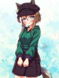  animal_ears black_shorts blue_eyes blush breasts brown_hair casual cheval_grand_(casual)_(umamusume) cheval_grand_(umamusume) closed_mouth commentary_request drawstring ear_covers ears_through_headwear female fish_hat_ornament green_hoodie hair_between_eyes hat highres hood hood_down hoodie horse_ears horse_girl horse_tail large_breasts long_hair long_sleeves looking_at_viewer multicolored_hair shorts smile solo streaked_hair sugimotty_nova tail umamusume white_hair white_hat 