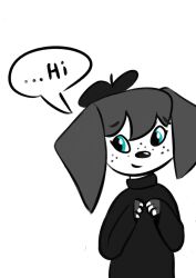  4lung anthro beret blue_eyes canid canine canis clothing dalmatian dialogue digital_media_(artwork) domestic_dog dot_dupont female hat headgear headwear looking_away mammal shy solo speech_bubble sweater topwear 