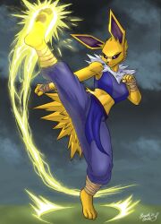  anthro bottomwear brushstroke clothed clothing digital_media_(artwork) eeveelution feet female fighting_pose fingers fur generation_1_pokemon hi_res jolteon kick mammal navel nintendo on_one_leg outside pants pawpads pokemon pokemon_(species) pokemorph pose sky skyscape solo spread_legs spreading standing tail toes topwear yellow_body yellow_fur 