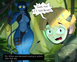  alien anthro arzy_parzy athletic athletic_anthro athletic_female black_hair blue_breasts blue_ears blue_legs blue_tail blush bodily_fluids breasts duo english_text female fingers hair hi_res holding_melee_weapon holding_object holding_polearm holding_spear holding_weapon human james_cameron's_avatar mammal melee_weapon na'vi polearm quads spear sweat tail teeth text tongue weapon yellow_eyes 