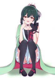 :d black_gloves black_shirt black_shoes black_thighhighs blush breasts cleavage collarbone commentary_request female fingerless_gloves gloves green_hair green_kimono gu_(soruto) hadanugi_dousa highres itoshiki_yume_yo_izanaite japanese_clothes kimono looking_at_viewer love_live! love_live!_nijigasaki_high_school_idol_club love_live!_nijigasaki_high_school_idol_club_the_movie_-_finale mifune_shioriko oerba_yun_fang open_mouth pink_eyes ponytail shirt shoes short_hair sidelocks simple_background single_bare_shoulder single_fingerless_glove single_glove sleeveless sleeveless_shirt smile solo thighhighs white_background 