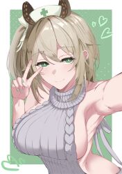  animal_ears armpits artist_collaboration border breasts bright_pupils brown_hair closed_mouth commentary english_commentary eyelashes female fingernails green_background green_eyes green_nails grey_sweater hair_ribbon hat heart highres indie_virtual_youtuber kohi_dayooo medium_hair nail_polish nimi_nightmare nurse_cap ribbon selfie side_ponytail sideboob smile solo sweater tapir_ears tapir_girl teca_(ryeol) upper_body v virgin_killer_sweater virtual_youtuber white_border white_hat white_pupils white_ribbon 