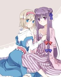  2girls alice_margatroid blonde_hair blue_dress blue_eyes blush bow breasts cleavage closed_mouth collarbone commentary_request double_bun double_strap_slip dress eye_contact frilled_dress frilled_hairband frills hair_bun hairband hairbow hand_on_another's_cheek hand_on_another's_face lolita_hairband long_hair long_sleeves looking_at_another multiple_girls no_headwear patchouli_knowledge pink_hairband pink_sash pink_shrug purple_bow purple_dress purple_eyes purple_hair red_bow sash shirt short_hair shrug_(clothing) sitting smile strap_slip strapless strapless_dress striped_clothes striped_dress touhou tsuno_no_hito vertical-striped_clothes vertical-striped_dress very_long_hair waist_sash white_shirt yuri 