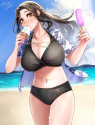  absurdres beach bikini black_bikini black_hair blush breasts cleavage collarbone commentary_request day female grey_hair hair_ornament hashtag-only_commentary highres large_breasts long_hair looking_at_viewer mole multicolored_hair navel nekotokage nijisanji ocean open_mouth orange_eyes outdoors shirayuki_tomoe solo swimsuit virtual_youtuber 