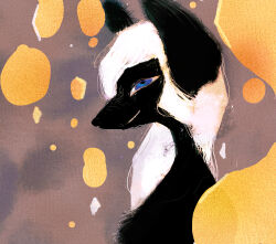  2020 abstract_background anthro black_body black_fur blue_eyes bust_portrait canid female female_anthro fur hair hakugin long_hair mammal narrowed_eyes nude nude_anthro nude_female portrait side_view simple_background solo textured_background white_hair 