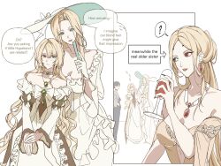  4girls ? blonde_hair cup dress eirene_(path_to_nowhere) english_text gloves hand_up hat heterochromia highres holding holding_cup hypatia_(path_to_nowhere) jewelry margaret_(path_to_nowhere) multiple_girls official_alternate_costume official_alternate_hairstyle oldsprout1108 path_to_nowhere speech_bubble strapless strapless_dress white_background 