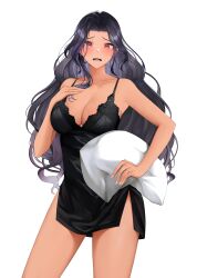  absurdres babydoll black_babydoll black_hair breasts cleavage collarbone cowboy_shot crying crying_with_eyes_open female hand_on_own_chest highres holding holding_pillow landacdeus large_breasts long_hair looking_at_viewer mole mole_on_breast mole_under_eye multiple_moles nijisanji nijisanji_en open_mouth pillow red_eyes scarle_yonaguni solo standing tears transparent_background virtual_youtuber wavy_hair 