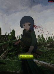  black_eyes blood blood_spray blue_hair blunt_bangs boat cloud cloudy_sky commentary countdown_timer day death diagonal_bangs english_commentary english_text escape_from_tarkov female game_screenshot_background gameplay_mechanics green_shirt hayasabro headshot highres load_bearing_vest long_hair looking_at_viewer moss nature open_mouth original outdoors screenshot_background shirt sky solo three-quarter_sleeves tree watercraft 