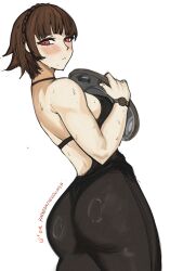  absurdres ass blush braid brown_hair brown_pantyhose commentary english_commentary english_text female from_behind highres holding looking_at_viewer medium_hair nero_watch niijima_makoto paid_reward_available pantyhose persona persona_5 red_eyes simple_background solo sweat watch weight white_background wristwatch 