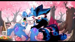  2022 anthro big_eyes blue_body blue_eyes blue_fur cherry_blossom closed_eyes duo flower fur hlg7777 hug kemono male nude_anthro nude_male one_eye_closed open_mouth plant prunus_(flower) slim_anthro slim_male white_body white_fur 