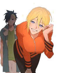  1boy adjusting_bra adjusting_clothes black_pantyhose blue_eyes boruto:_naruto_next_generations bra breasts facial_mark female genderswap_(mtf) geonseung grin jacket kawaki_(boruto) leaning_forward looking_at_viewer medium_breasts naruto_(series) orange_jacket pantyhose rule_63 short_hair simple_background smile underwear uzumaki_naruto whisker_markings 