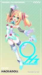  :d ahoge arm_up artist_name bare_shoulders black_gloves black_thighhighs blonde_hair boots breasts bright_pupils brooch cleavage colored_shoe_soles commentary_request copyright_name detached_collar diagonal-striped_background double-parted_bangs dress elbow_gloves female full_body gloves green_background green_eyes hacka_doll hacka_doll_1 headgear high_heel_boots high_heels highres hiva+ index_finger_raised jewelry layered_gloves leotard leotard_under_clothes long_hair long_sidelocks looking_at_viewer medium_breasts microdress milestone_celebration open_mouth outstretched_arm short_dress sidelocks skindentation smile solo strapless strapless_dress striped_background thigh_boots thighhighs thighhighs_under_boots twintails v-shaped_eyebrows white_boots white_dress white_gloves white_leotard white_pupils wing_collar wrist_cuffs 