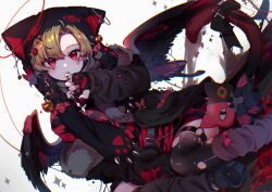  1boy :o aegyo_sal androgynous animal_ears animal_hood bell belt black_belt black_leg_warmers black_nails black_shoes black_thighhighs black_wings blonde_hair bow cat-shaped_pillow cat_boy cat_ears cat_hood cat_tail commentary_request cross curtained_hair demon_boy demon_wings eita_789 emisako_(eita_789) feathered_wings halo highres hood jingle_bell latin_cross leg_warmers long_sleeves male_focus nail_polish o-ring o-ring_thigh_strap oerba_yun_fang open_mouth original pillow platform_shoes red_eyes ribbon shoes skin_fang solo studded_belt stuffed_animal stuffed_cat stuffed_toy tail tail_bow tail_ornament thigh_strap thighhighs torn_clothes torn_thighhighs wallet_chain white_background wings 